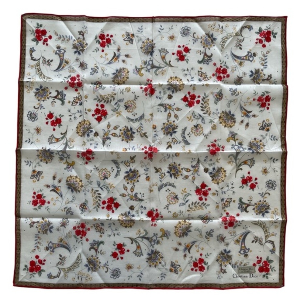 Christian Dior Vintage Floral Handkerchief With Red Border